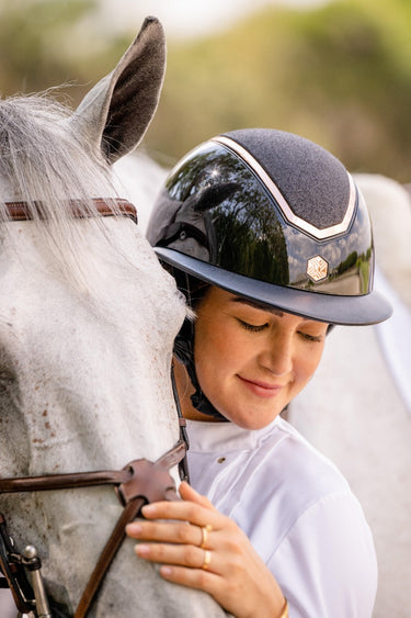 Buy Charles Owen EQX Kylo Black Gloss & Rose Gold Sparkly Wide Peak MIPS Adjustable Riding Hat | Online for Equine
