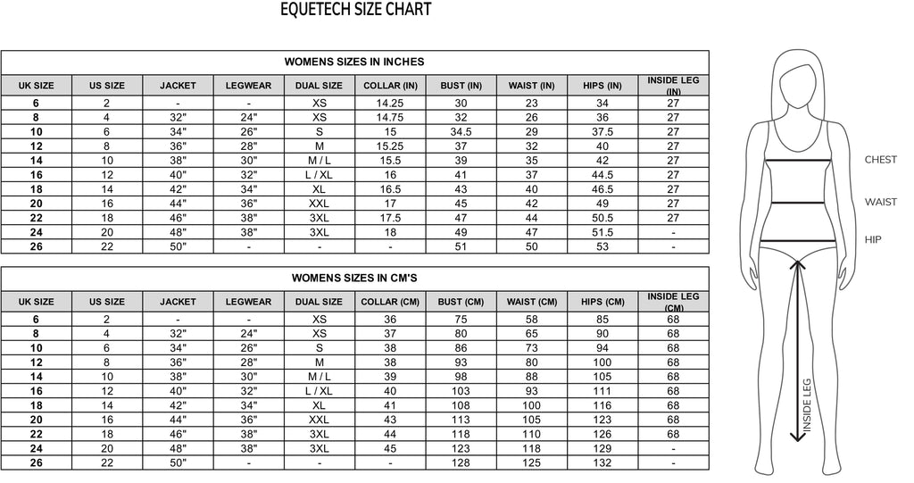 Browse Equetech Ladies Size Guide For Clothing & Breeches | Online for Equine