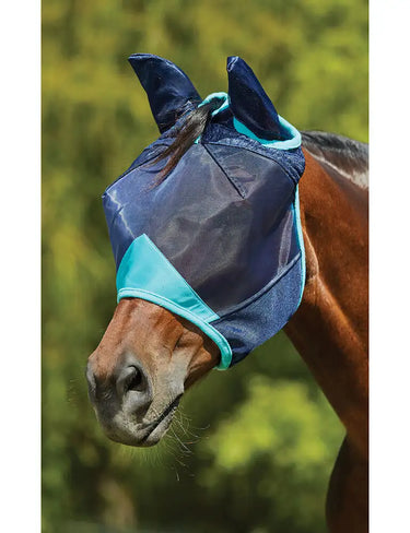 Buy the Weatherbeeta Navy/Turquoise ComFiTec Deluxe Fine Mesh Mask With Ears| Online For Equine 