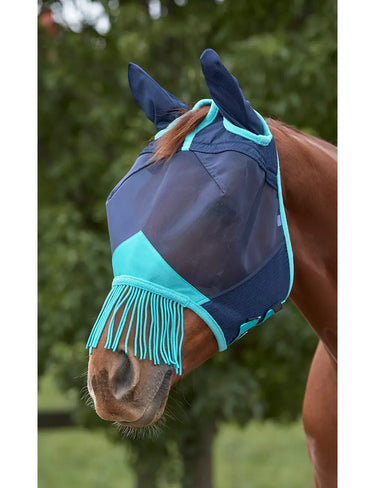 Buy the WeatherBeeta Navy/Turquoise ComFiTec Deluxe Durable Fine Mesh Mask With Ears & Tassels | Online For Equine 