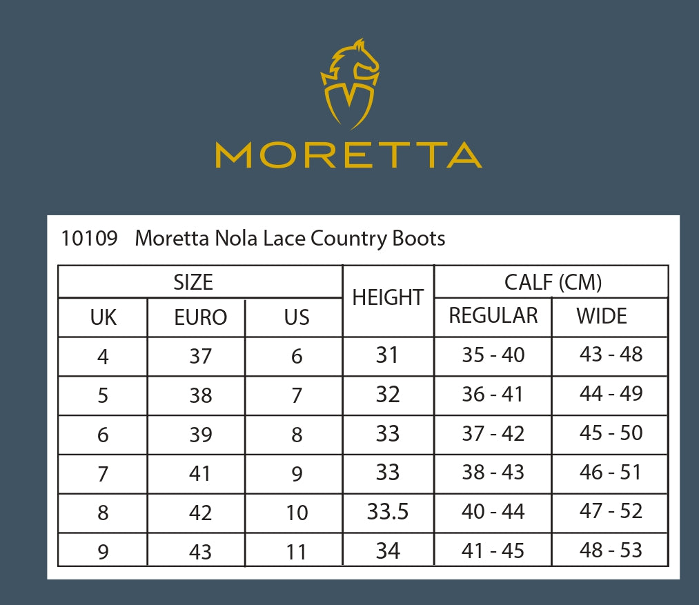 Shires Moretta Nola Ladies Lace Country Boots Size Guide | Online for Equine