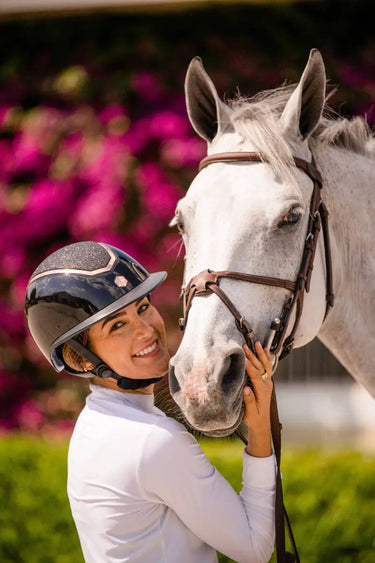 Buy Charles Owen EQX Kylo Black Gloss & Rose Gold Sparkly Wide Peak MIPS Adjustable Riding Hat| Online for Equine