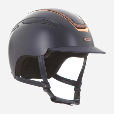 Evoke Callisto Classic Peak Riding Hat Navy Rose Gold Crystal Frame| Online For Equine