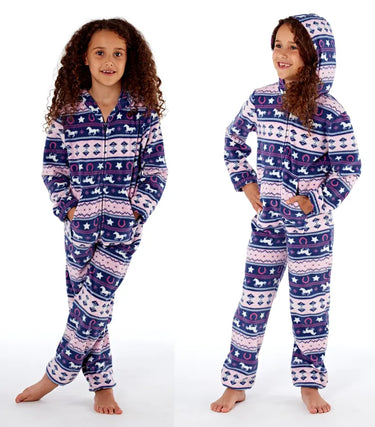 Buy Fairisle Fleece Galloping Horse Onesie Pyjamas - Colour Pink & Navy - Size 3 - 4 Years| Online for Equine
