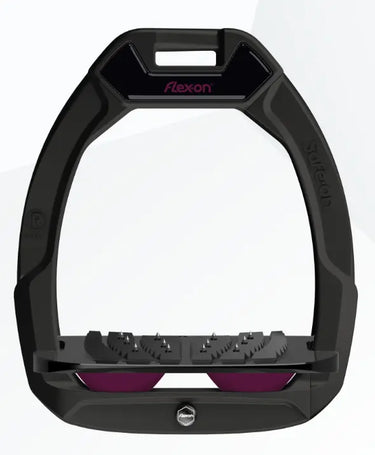 Flex-On Safe-On Safety Stirrups - Black With Black Inclined Ultra Grip Tread & Plum Elastomers| Online For Equine