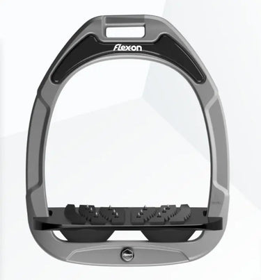 Buy Flex-On Safe-On Safety Stirrups - Silver Grey With Black Inclined Ultra Grip Tread & Black Elastomers| Online for Equine
