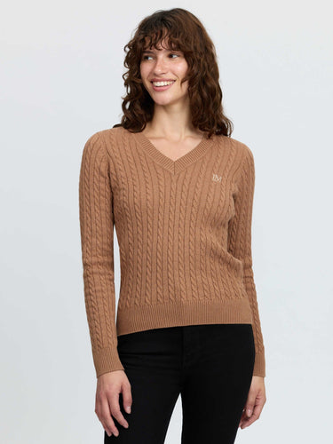 LeMieux Ladies Caramel Carla Cable V-Neck Knit Jumper Caramel| Online For Equine