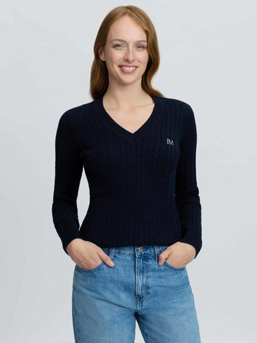 LeMieux Ladies Navy Carla Cable V-Neck Knit Jumper Navy| Online For Equine
