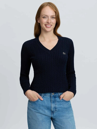 LeMieux Ladies Navy Carla Cable V-Neck Knit Jumper Navy| Online For Equine