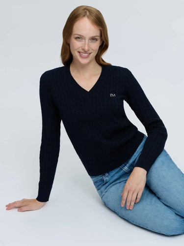 LeMieux Ladies Navy Carla Cable V-Neck Knit Jumper Navy| Online For Equine