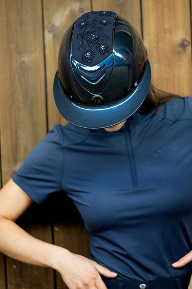 One K Avancé Riding Helmet - Embroidery Top Chrome Piping - Navy Shiny| Online For Equine