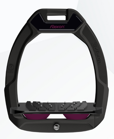 Flex-On Safe-On Safety Stirrups - Black With Black Inclined Ultra Grip Tread & Plum Elastomers| Online For Equine