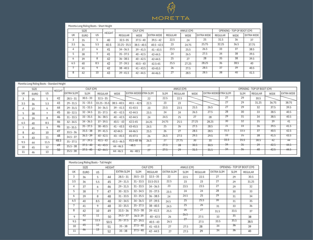 Shires Moretta Long Riding Boot Size Guide | Online for Equine
