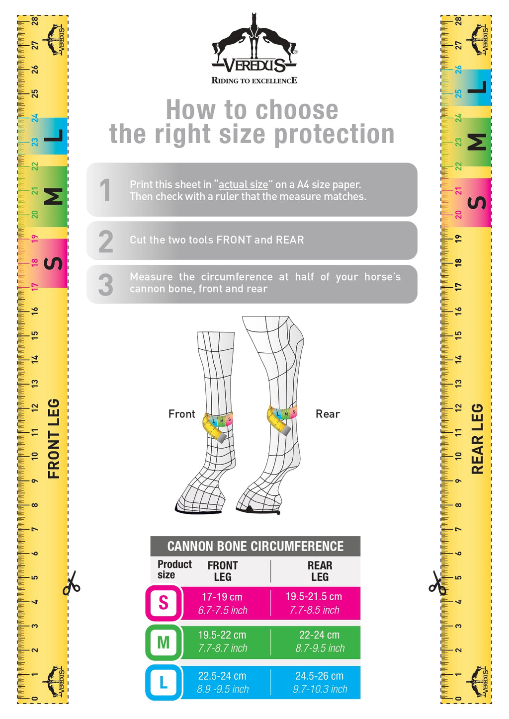 Measurement chart for choosing horse leg protection sizes with Veredus