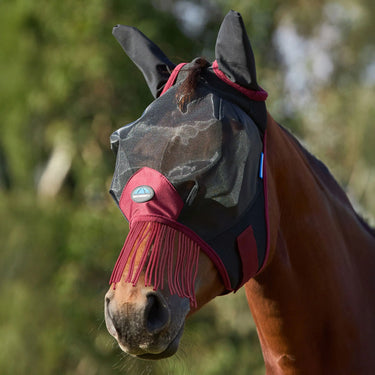 Weatherbeeta Black/Burgundy Comfitec Fine Mesh Fly Mask With Ears & Tassels| Online For Equine