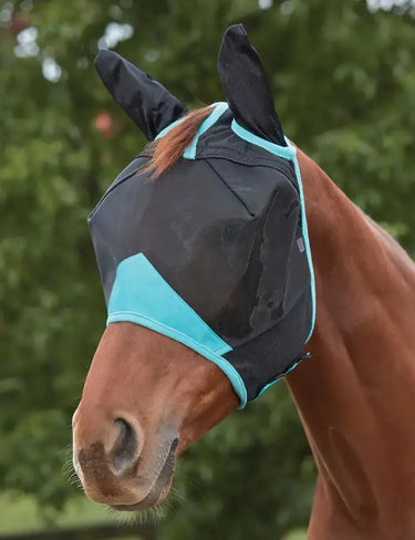 Buy the Weatherbeeta Black/Turquoise ComFiTec Deluxe Fine Mesh Mask With Ears| Online For Equine