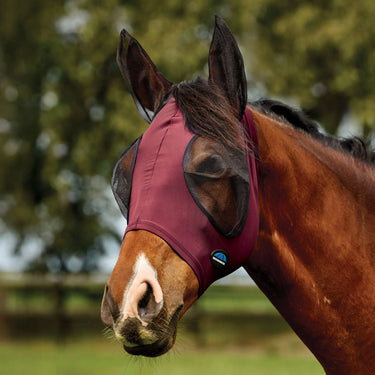 Weatherbeeta Burgundy/Black Comfitec Deluxe Stretch Fly Mask With Ears| Online For Equine