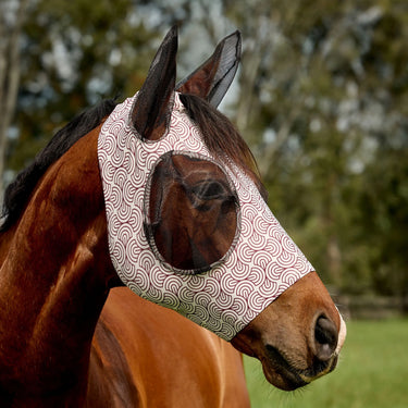 Weatherbeeta White/Burgundy Bit Print Comfitec Deluxe Stretch Fly Mask With Ears| Online For Equine