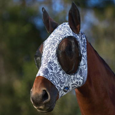 Weatherbeeta White/Navy Floral Print Comfitec Stretch Fly Mask With Ears| Online For Equine