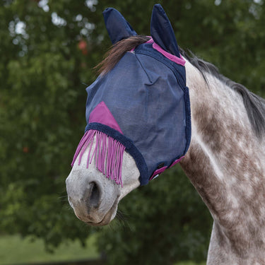 Buy the WeatherBeeta Navy/Purple ComFiTec Deluxe Durable Mesh Mask With Ears & Tassels | Online for Equine