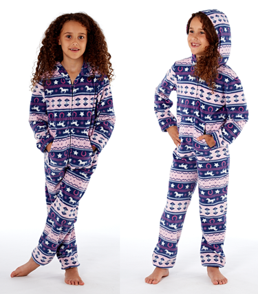 Fairisle Fleece Galloping Horse Onesie Pyjamas - Colour Pink & Navy - Size 3 - 4 Years