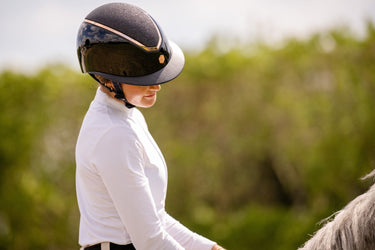 Buy Charles Owen EQX Kylo Black Gloss & Rose Gold Sparkly Wide Peak Adjustable Riding Hat | Online for Equine