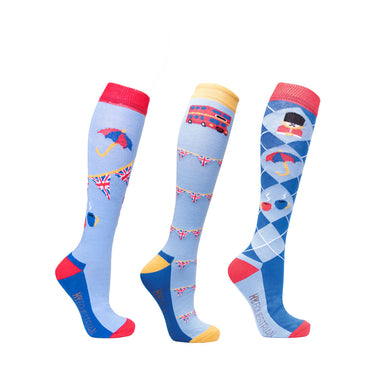 Hy Equestrian Love from London Socks (Packof 3)-One Size (UK 4-8)-Sky Blue / Royal Red