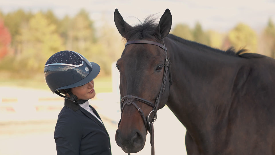 Buy Charles Owen EQX Kylo Navy Gloss & Silver Crystal Wide Peak Adjustable Riding Hat| Online for Equine