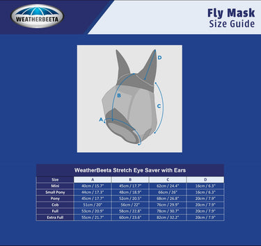 Buy Weatherbeeta Navy Stretch Eye Saver Fly Mask With Ears Size Guide | Online for Equine