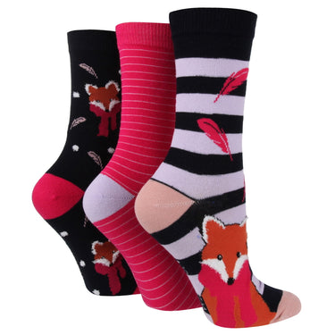 Wildfeet Fancy Fox Cotton Crew Socks 3 Pack -One Size (UK 4-8)-Fancy Fox